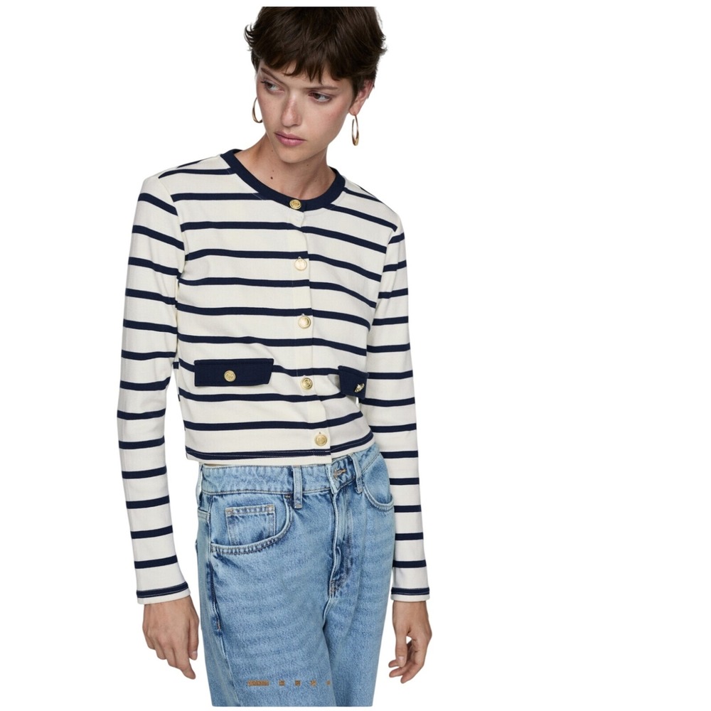 Mango Striped Cardigan With Gold Buttons Cream‎ Ecru S